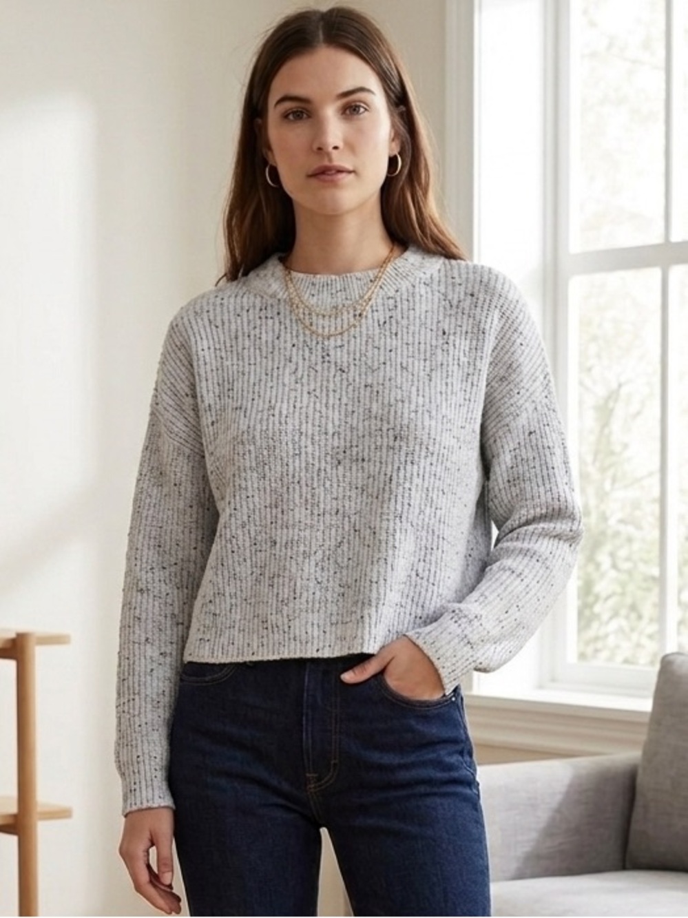 Lumiere Gray Speckled Ribbed Knit Sweater Crewneck Pullover L